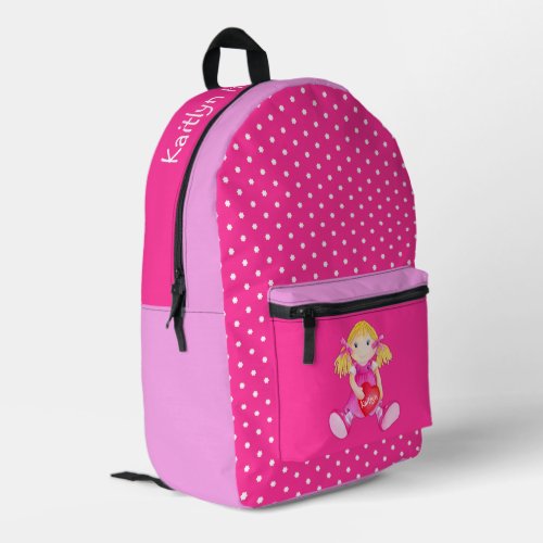 Girls name pink toy rag doll art  printed backpack