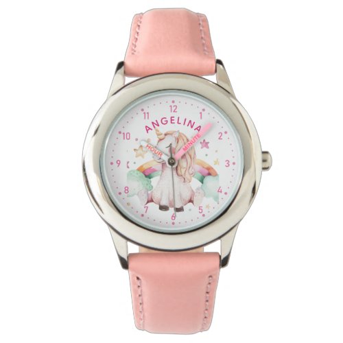 Girls Name Pink Watercolor Unicorn Rainbow Watch