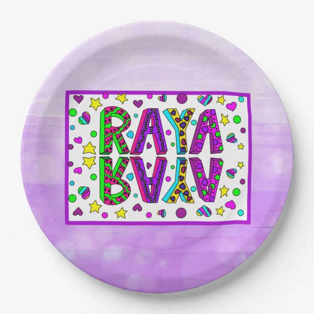 Girl's Name Raya with Stars and Hearts Whimsical   Paper Plates (Front)