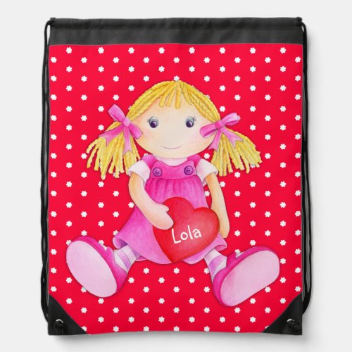 Girls name red toy rag doll art drawstring bag