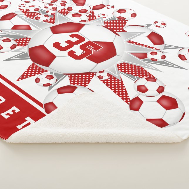 girls name red white athletic soccer balls stars  sherpa blanket (3/4)