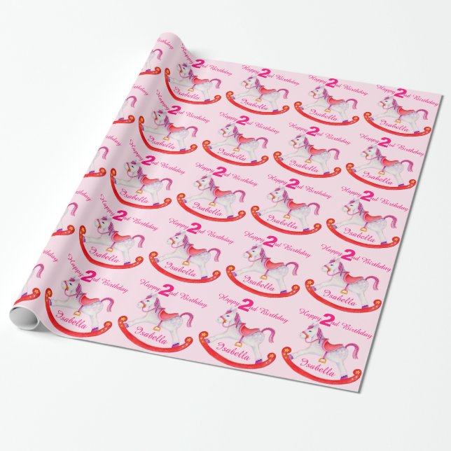 Girls name rocking horse 2nd birthday pattern wrap wrapping paper (Unrolled)