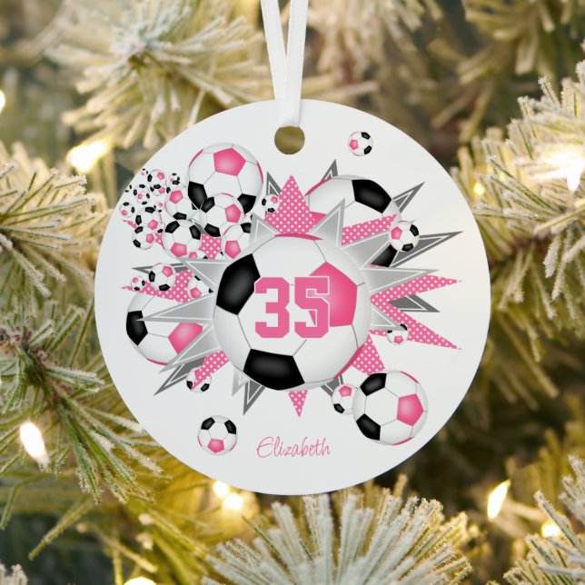 girls name soccer ball blowout pink black  metal ornament (Insitu)