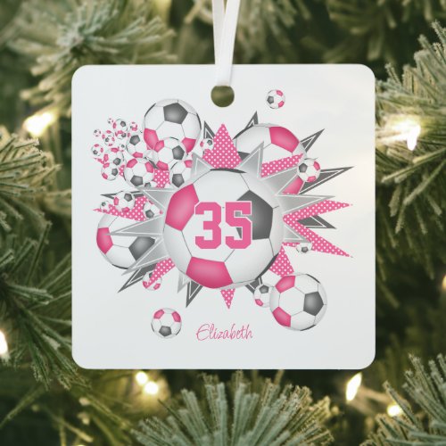 girls name soccer ball blowout pink gray  metal ornament