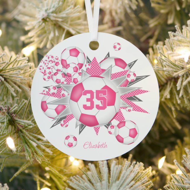 girls name soccer ball blowout pink  metal ornament (Insitu)