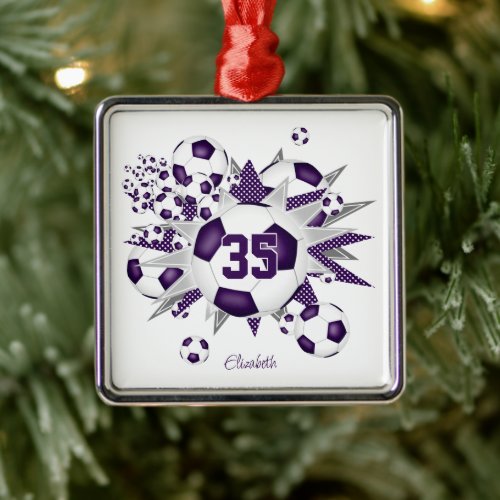 girls name soccer balls stars purple metal ornament
