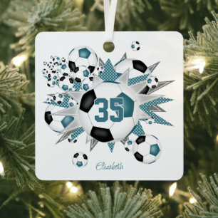girls name soccer balls stars teal black metal ornament