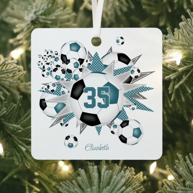 girls name soccer balls stars teal black metal ornament (Insitu)