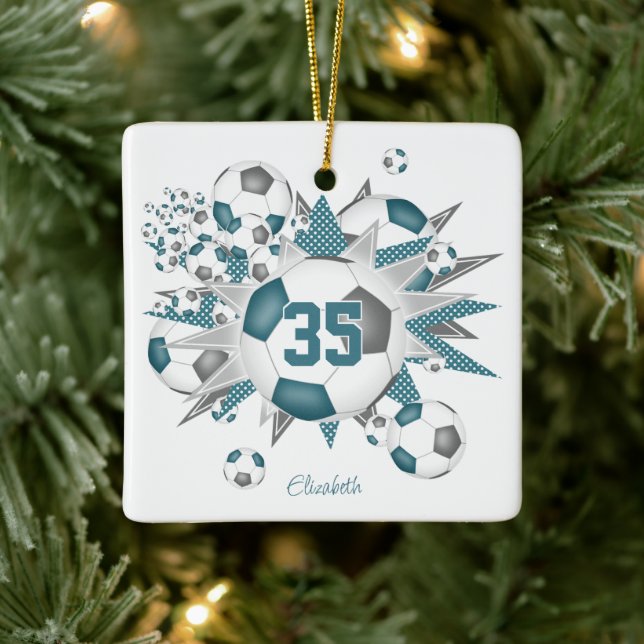 girls name soccer balls stars teal gray ceramic ornament (Tree)