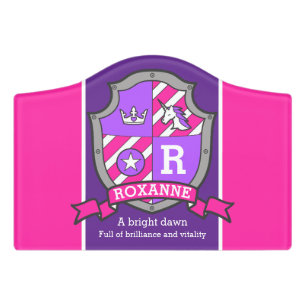 Girls name unicorn coat of arms princess Roxanne Door Sign