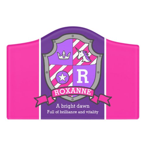 Girls name unicorn coat of arms princess Roxanne Door Sign