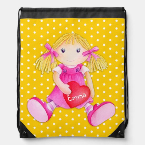 Girls name yellow toy rag doll art drawstring bag