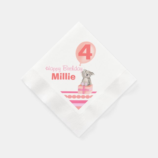 Girls named 4th birthday koala balloon napkins (Corner)