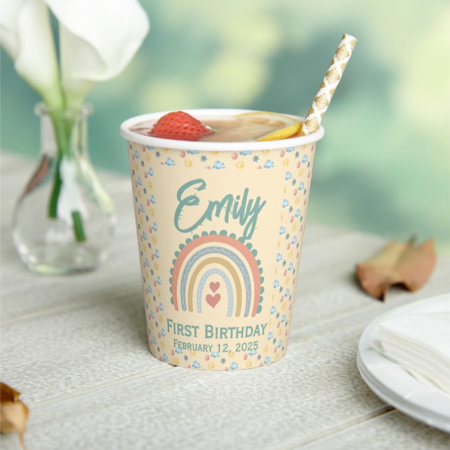 Girl's Natural Boho Party Pale Yellow Paper Cups (Insitu)