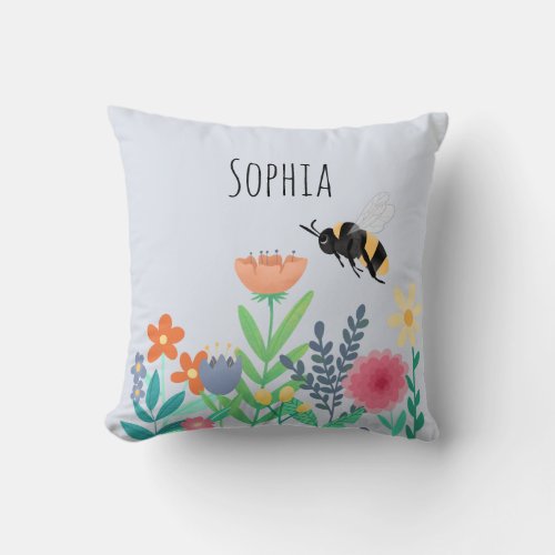 Girls Nature Cute Whimsical Bee and Flowers Kids Throw Pillow