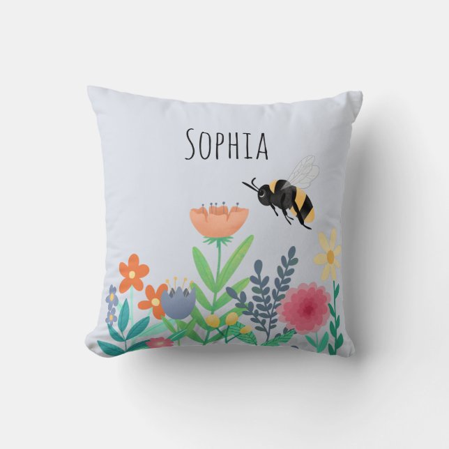 Girls Nature Cute Whimsical Bee and Flowers Kids Throw Pillow (Front)
