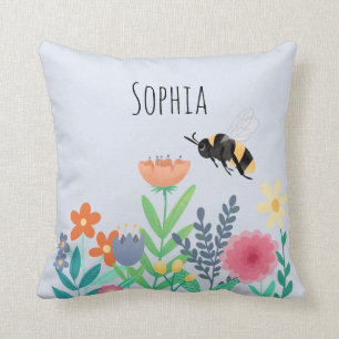 Girls Nature Cute Whimsical Bee and Flowers Kids Throw Pillow