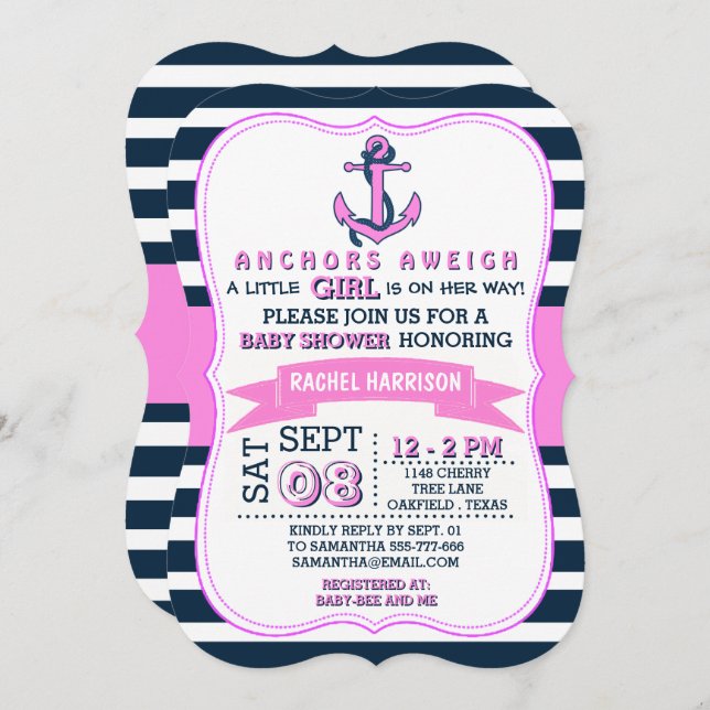 Girl's Nautical Anchor Baby Shower Invitations (Front/Back)