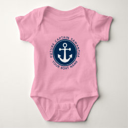 Girl&#39;s Nautical Anchor Rope Navy Captain Boat Name Baby Bodysuit