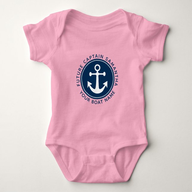 Girl's Nautical Anchor Rope Navy Captain Boat Name Baby Bodysuit (Front)
