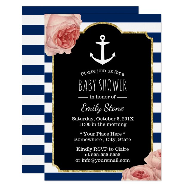 Girl's Nautical Anchor Vintage Floral Baby Shower Invitation