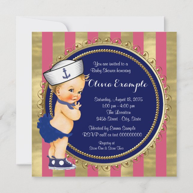 Girls Nautical Baby Shower Invitation (Back)