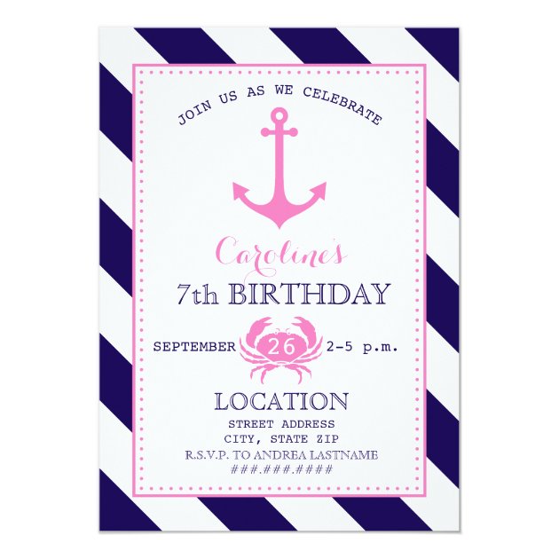 Girl's Nautical Birthday Party - Anchor + Crab Invitation