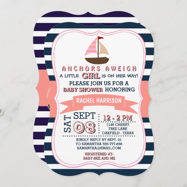 Girl's Nautical Boat Baby Shower Invitations (Front/Back)