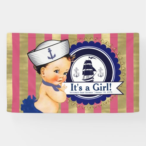 Girls Nautical Navy Blue Pink Gold Baby Shower Banner