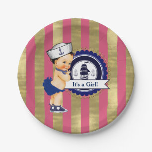 Girls Nautical Navy Blue Pink Gold Baby Shower Paper Plates