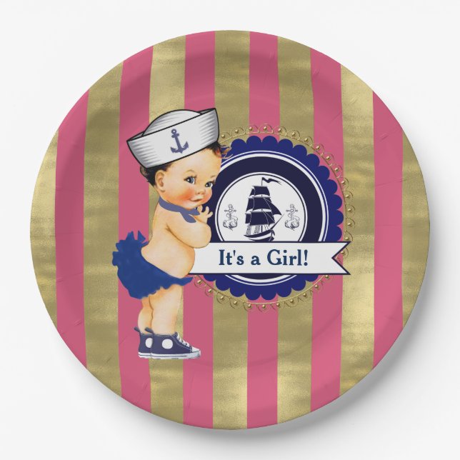 Girls Nautical Navy Blue Pink Gold Baby Shower Paper Plates (Front)