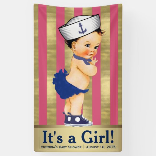 Girls Nautical Pink Blue Gold Baby Shower Banner