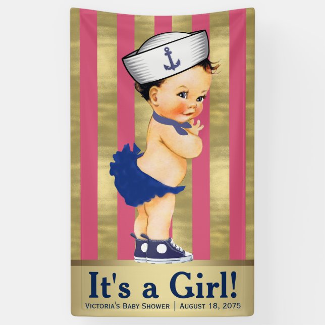 Girls Nautical Pink Blue Gold Baby Shower Banner (Vertical)