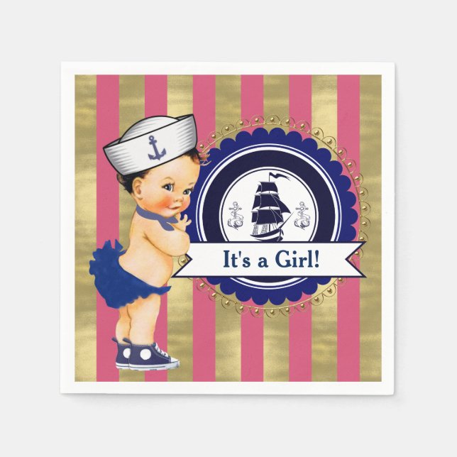 Girls Navy Pink Gold Nautical Baby Shower Paper Napkins (Front)