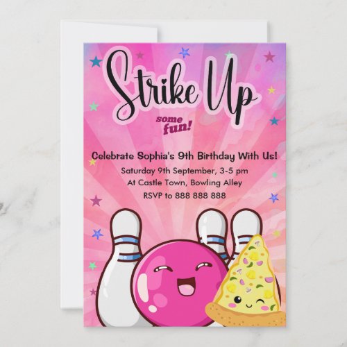 Girls Neon Pink Bowling Tie Dye Party Invitation