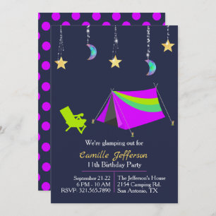 Girls Neon Tent Glamping Birthday Invitation