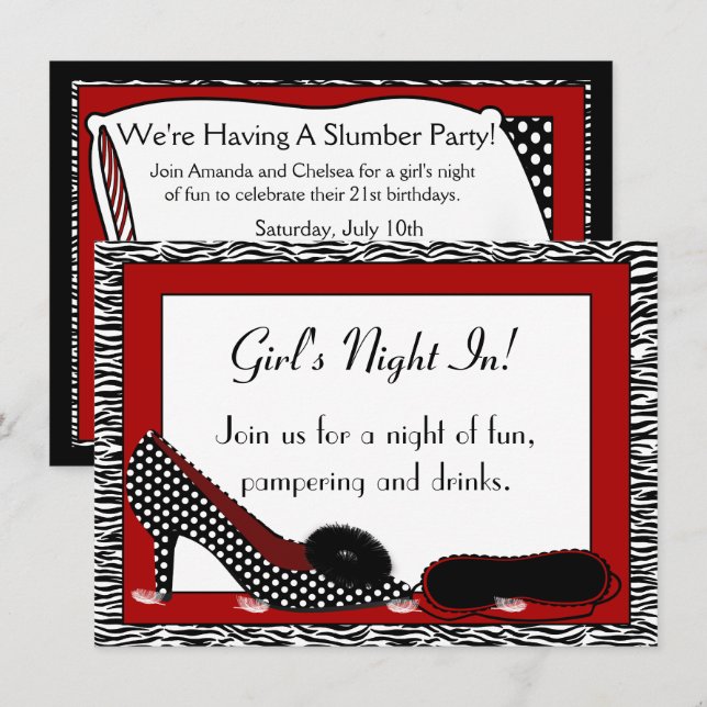 Girl's Night In PJ Party in Red Invitation (Front/Back)
