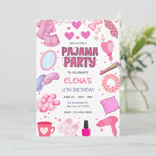Girls Night In Slumber Pajama Party Pink  Birthday Invitation (Standing Front)