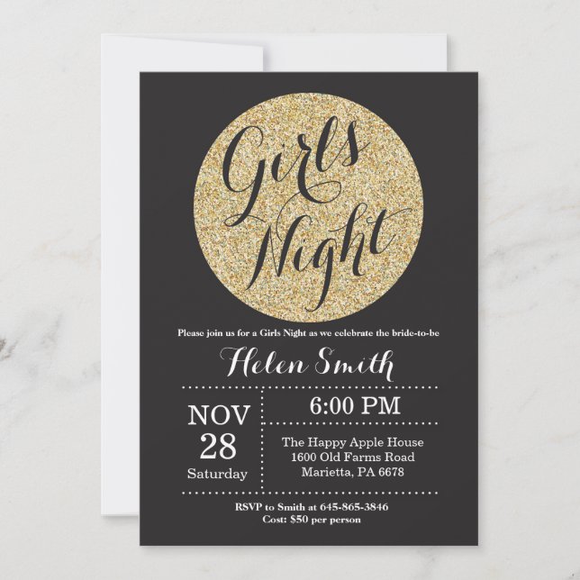 Girls Night Out Black and Gold Glitter Invitation (Front)