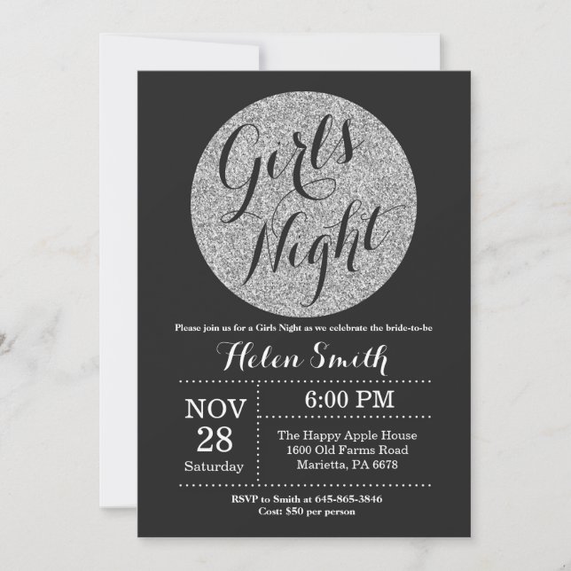 Girls Night Out Black and Silver Glitter Invitation (Front)