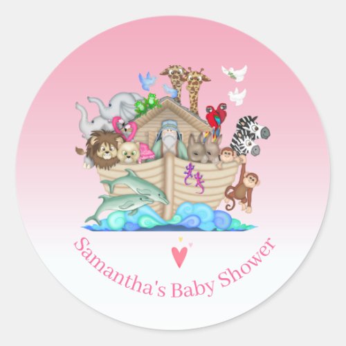 Girls Noahs Ark Baby Shower Birthday   Classic Round Sticker
