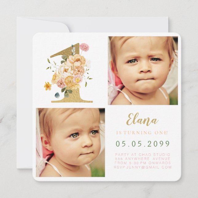 Girls Number 1 1st Birthday Year Photo Cards (Front)