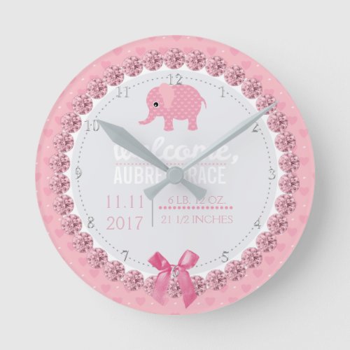 Girls Nursery Pink Elephant  Custom Birth Stats Round Clock