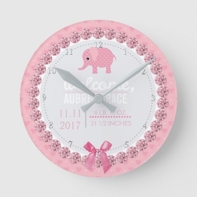 Girls Nursery Pink Elephant | Custom Birth Stats Round Clock (Front)