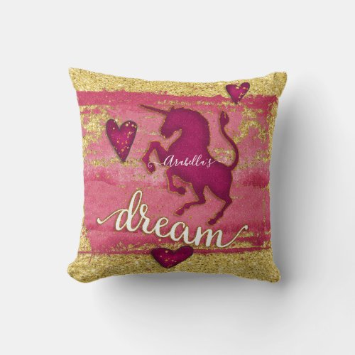 Girls Nursery Unicorn Dream Magenta Pink Gold Name Throw Pillow