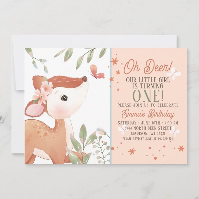 Girls Oh Deer Birthday Party Invitation (Front)