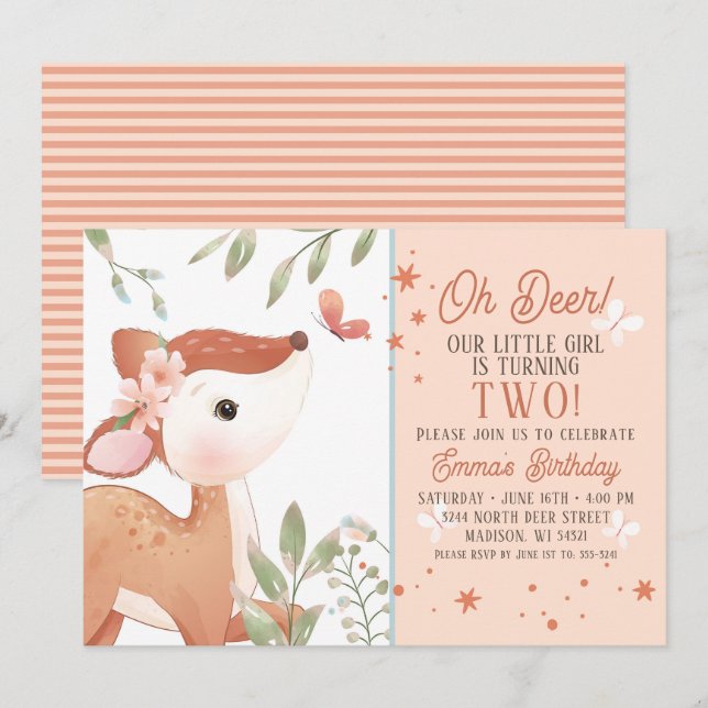 Girls Oh Deer Birthday Party Invitation (Front/Back)