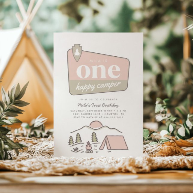 Girl's One Happy Camper Park Explorer 1st Birthday Invitation (Creator Uploaded)