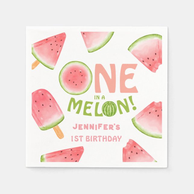 Girls ONE in a Melon! Watermelon Birthday Party Napkins (Front)