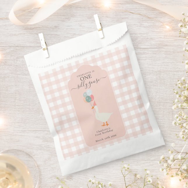Girl's One Silly Goose 1st Birthday Party Favor Bag (Clipped)